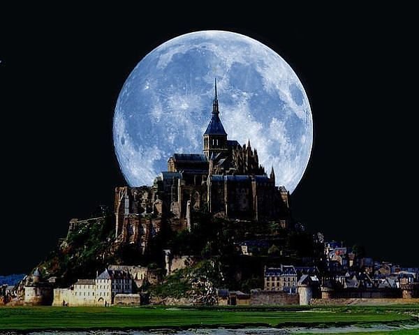 мон-сен-мишель. луна за замком - замок, картина, луна - оригинал