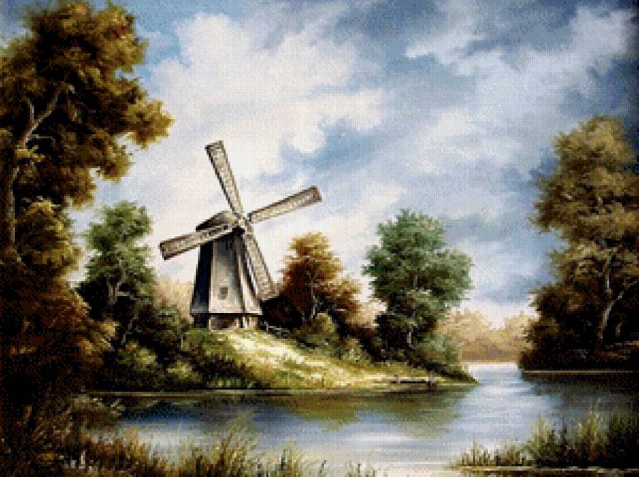 Голландский пейзаж - мельница, пейзаж, озеро - предпросмотр