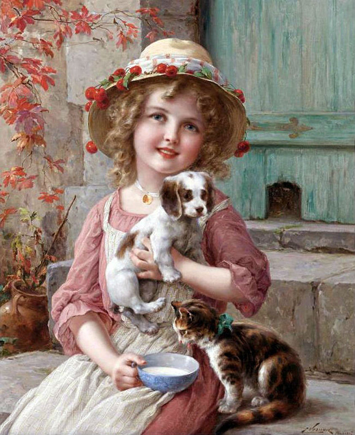 девочка с котёнком и щенком - счастливое детство - оригинал