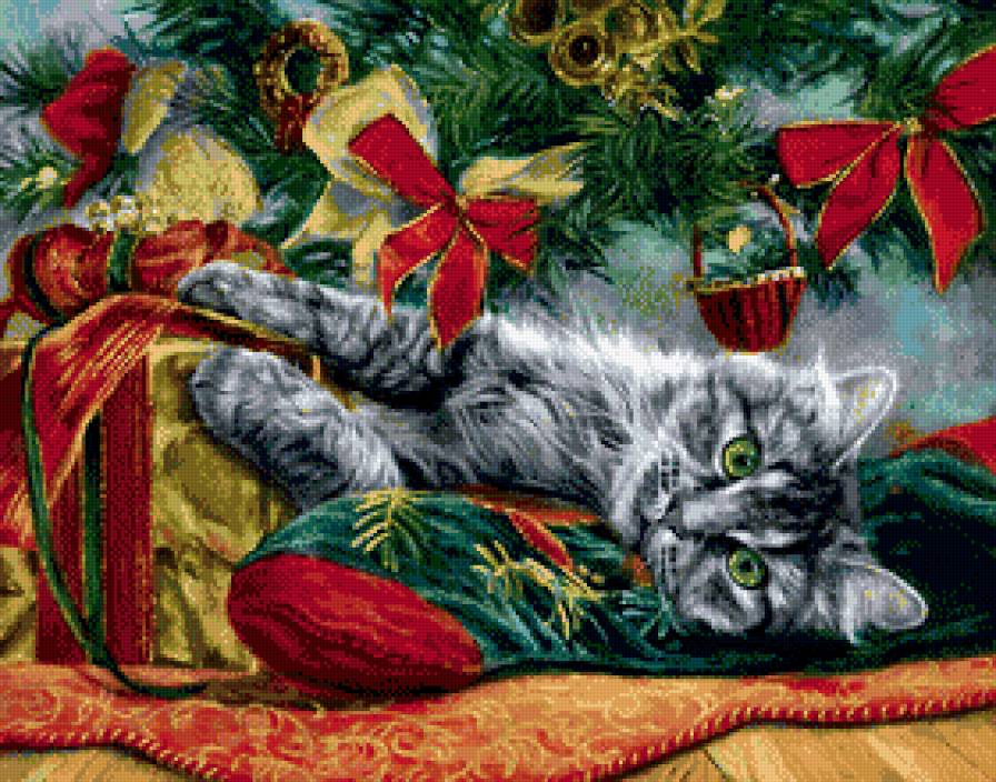 новогодняя - кошка, взгляд, игрушки, кот, новый год, подарки, носок, елка - предпросмотр