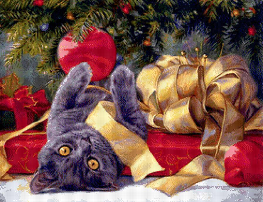 новогодняя - игрушки, елка, кошка, взгляд, бант, новый год, подарок, кот - предпросмотр