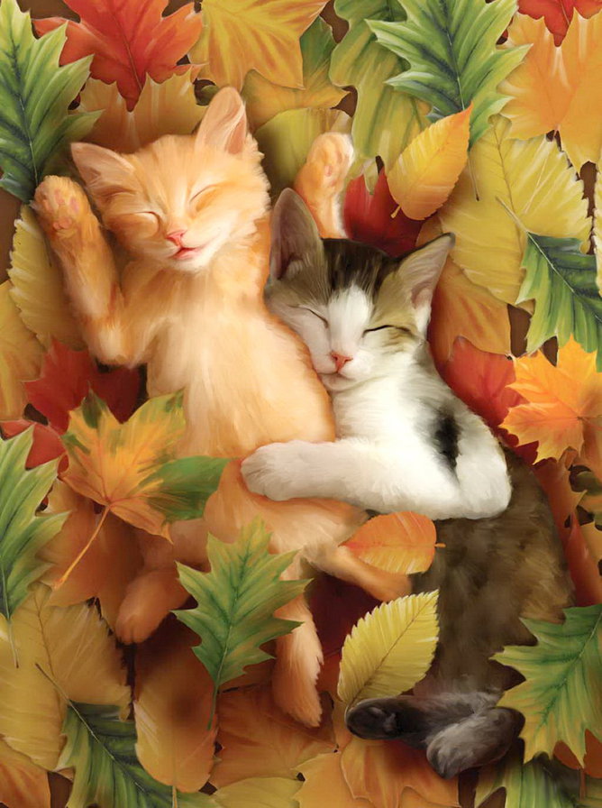 теплая осень - котенок, пара, лапушка, сон, милашка, друзья, кот, листья - оригинал