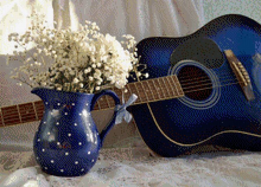 Натюрморт с гитарой - гитара, натюрморт, цветы - предпросмотр