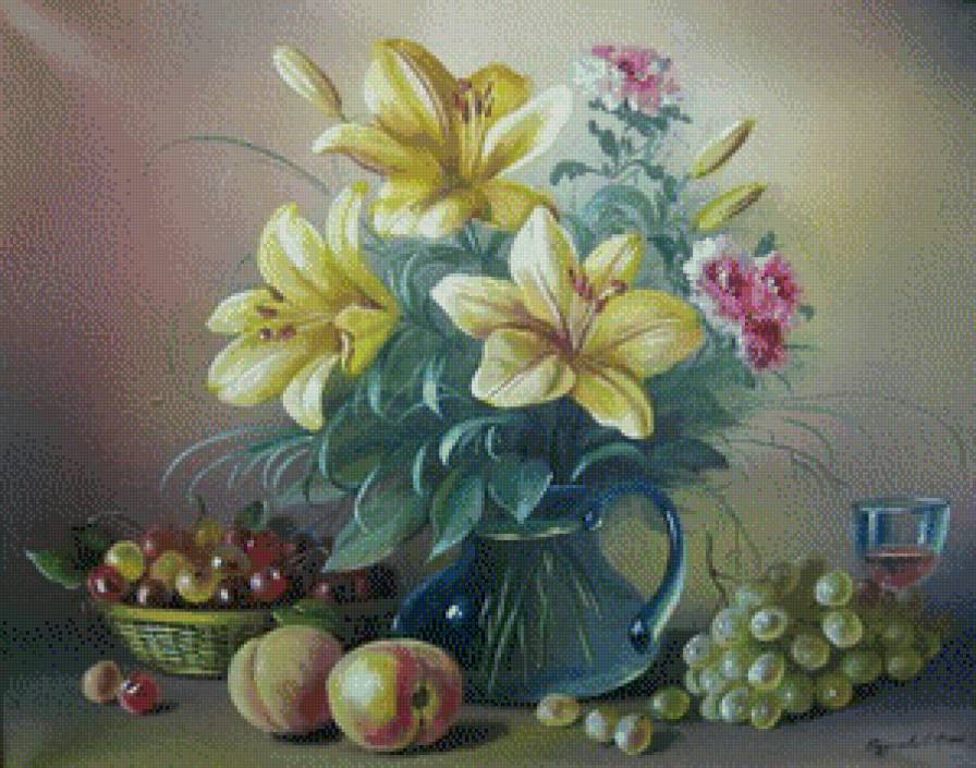 натюрморт - натюрморт, фрукты, цветы - предпросмотр