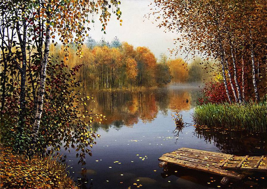 Осенний пейзаж - лес, осень, озеро, березы, пейзаж - оригинал