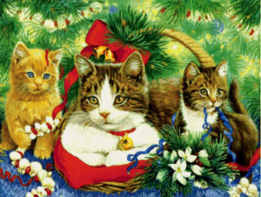 новогодняя - лапушка, кошка, кот, новый год, елка, милашка, игрушка, котенок, бант - предпросмотр