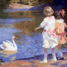 Картина-дети любуются лебедем)