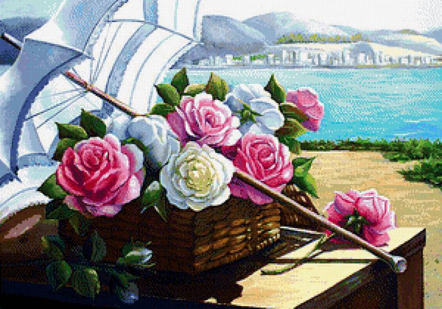 Розы на берегу моря - море, розы, зонтик - предпросмотр