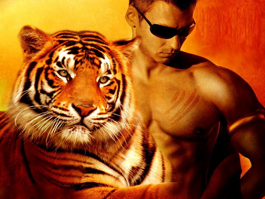 Парень с тигром - тигр, фэнтези, парень - оригинал