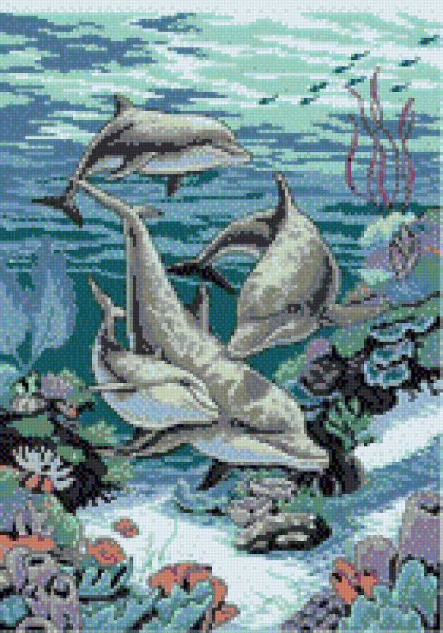 дельфины - картины, животные, море, пейзаж - предпросмотр