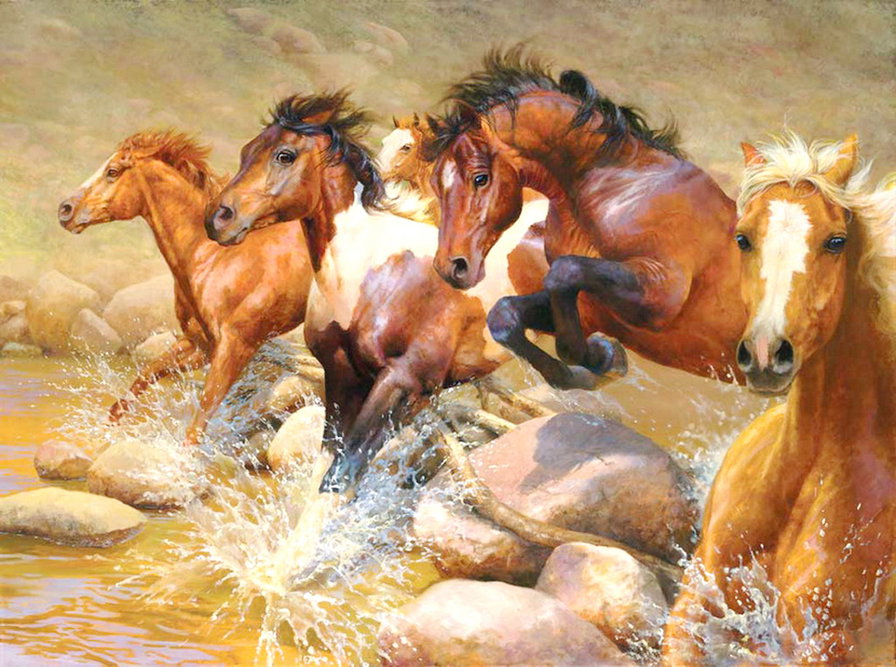 бегущий табун - лошадь, камень, вода, конь, природа, картина, живопись - оригинал