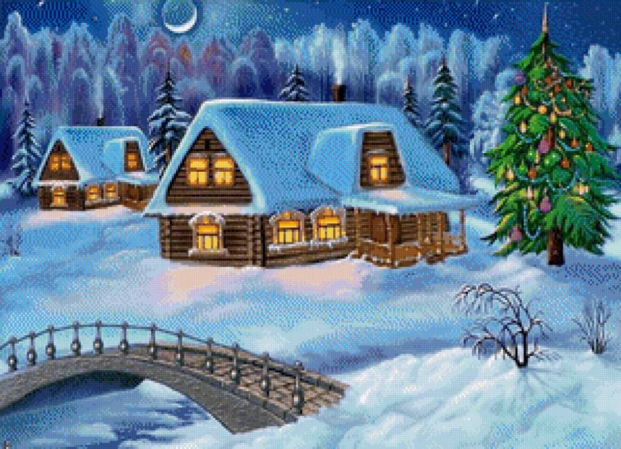 Зимний домик - речка, мостик, зима, елочка, пейзаж, домик - предпросмотр