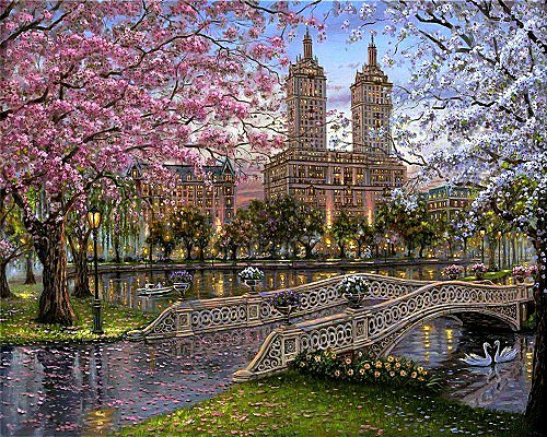 Весна в городе - весна, лебеди, мост, река, город, дома - оригинал