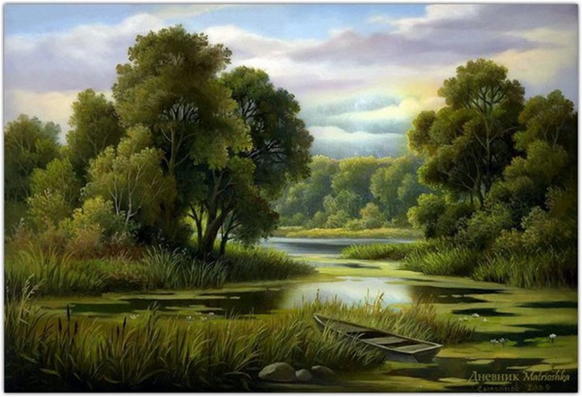 Зелёный мир - лето, деревья, река, лодка, пейзаж - оригинал