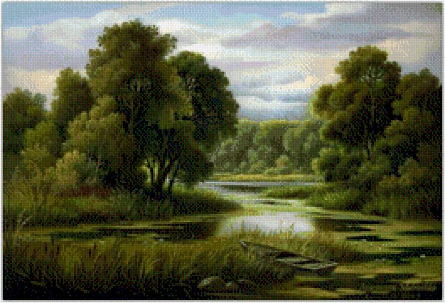 Зелёный мир - лето, река, лодка, деревья, пейзаж - предпросмотр