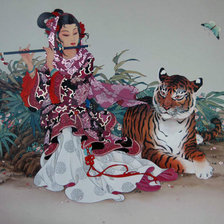 Оригинал схемы вышивки «Девушка с тигром» (№453488)