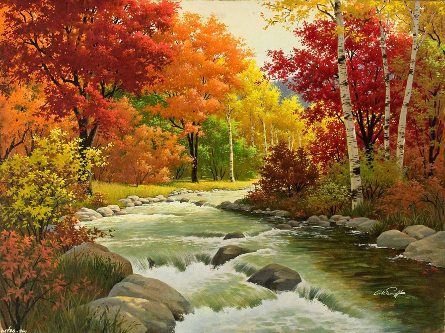Осенний лес - природа, водопад, картина, река, пейзаж, лес, осень - оригинал
