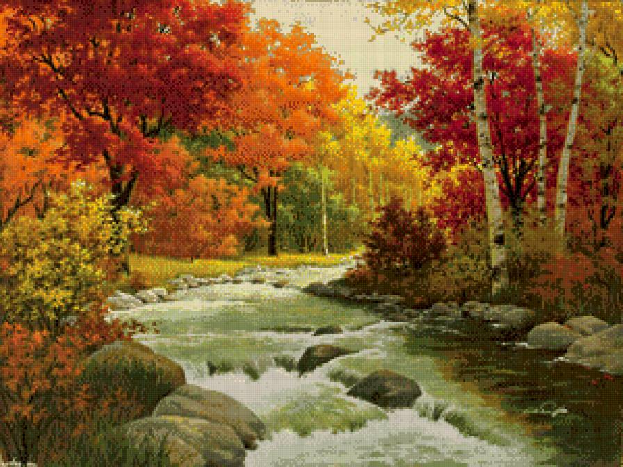 Осенний лес - пейзаж, картина, водопад, река, лес, природа, осень - предпросмотр