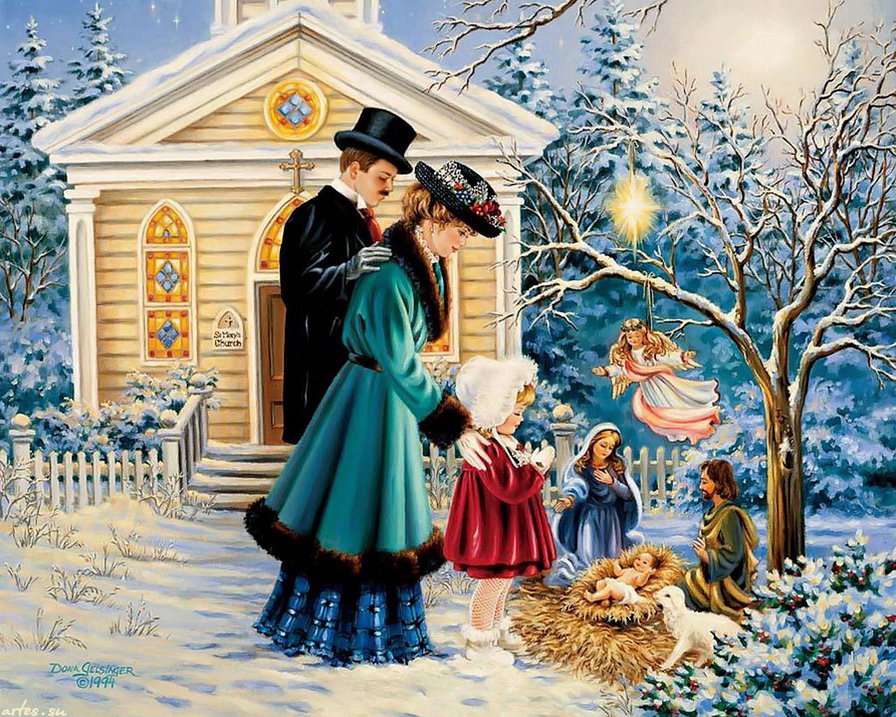 Рождество - зимний, пейзаж, люди, ангел, картика, зима, дети - оригинал