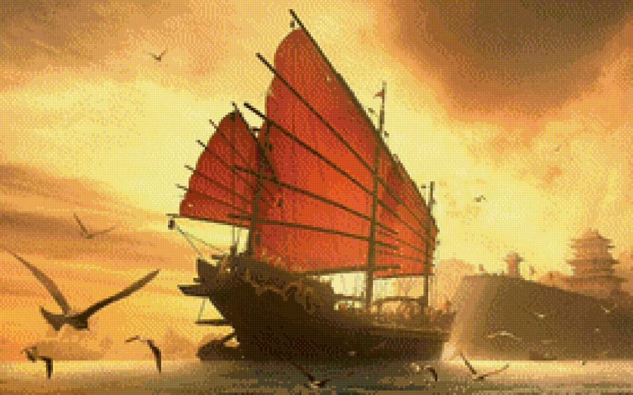 Китайская джонка на закате - восток, морской пейзаж, азия, китай, лодка - предпросмотр