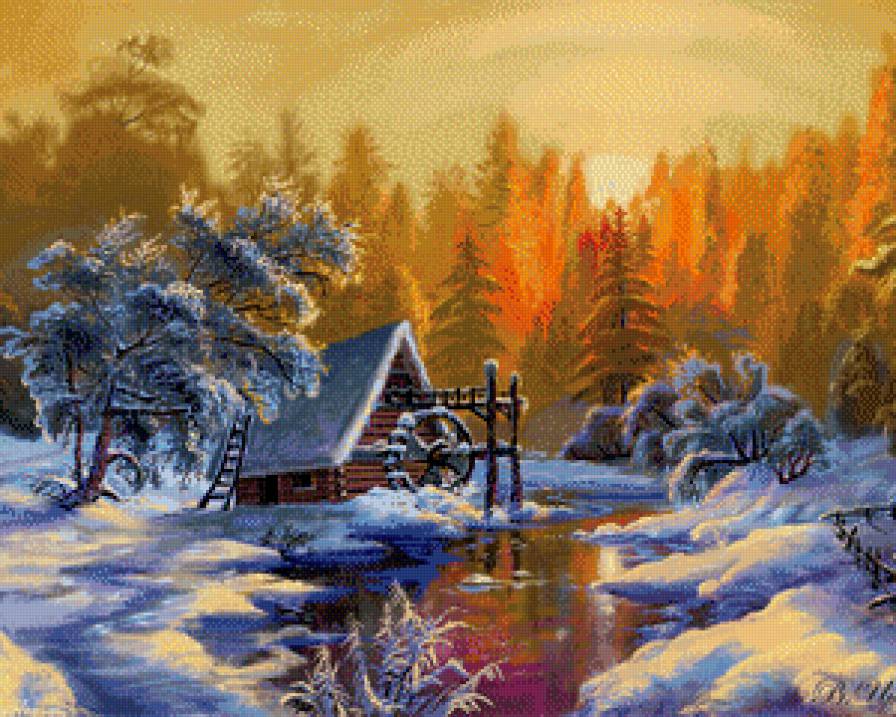 зимний закат - снег, лес, природа, дом, зима, река - предпросмотр