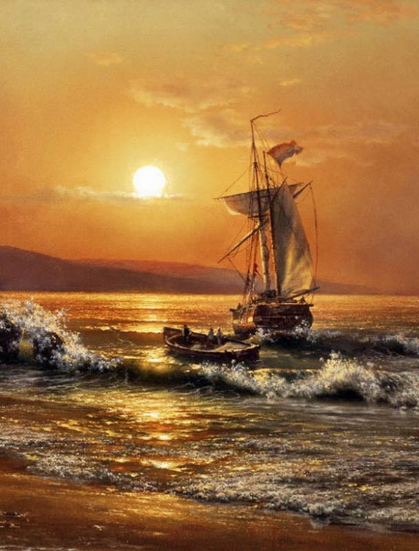 На закате - волны, парусник, корабли, море, закат - оригинал