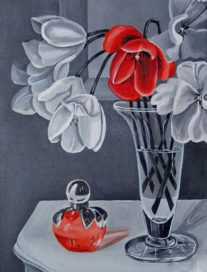 любимый аромат - тюльпан, ваза, живопись, букет, флакон, цветы, картина - оригинал