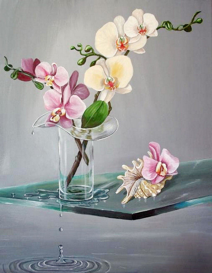 орхидея - букет, цветы, вода, картина, ваза, ракушка, живопись - оригинал