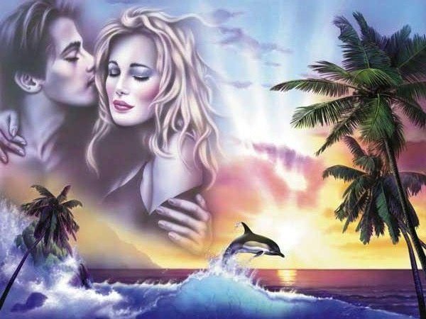 мужчина и женщина - пара, дельфины, нежность, романтика, море, влюбленые, любовь, закат - оригинал