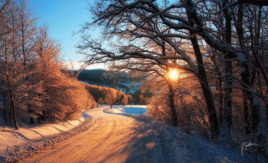 Зимняя дорога - зима, дорога, снег, солнце - оригинал