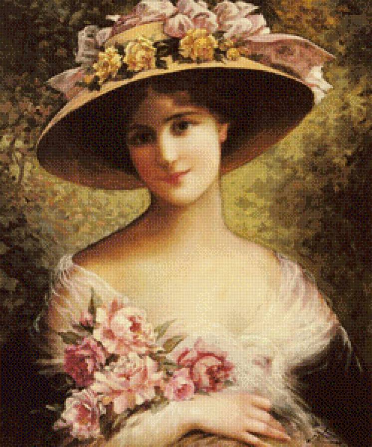 девушка в шляпке с цветами - люди, живопись, женский образ, девушка - предпросмотр