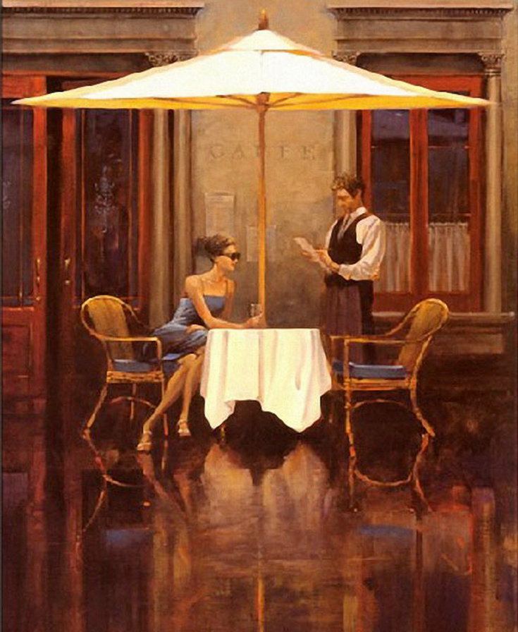 парные картины "уличное кафе" - мужчина, живопись, официант, женщина, столик, город, улица - оригинал