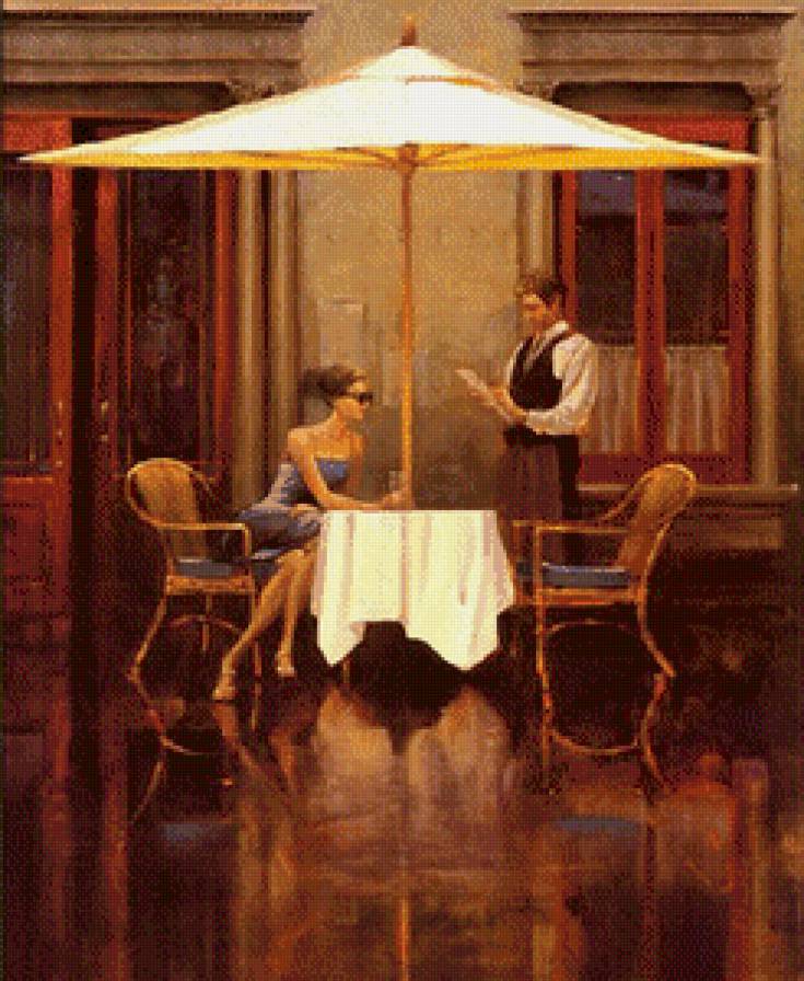 парные картины "уличное кафе" - женщина, живопись, город, мужчина, улица, столик, официант - предпросмотр
