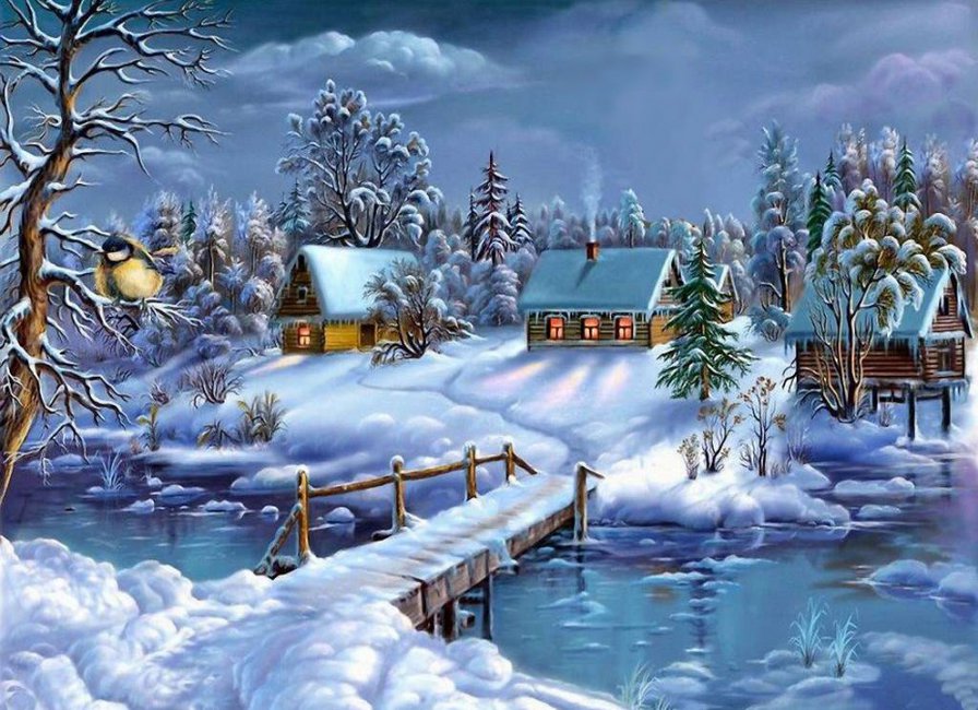 Зимняя ночь - зима, ночь, село, новый год - оригинал