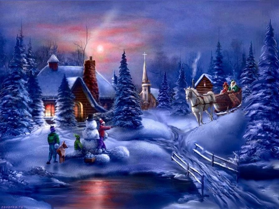 Новый год - село, зима, зимний пейзаж, ночной пейзаж - оригинал