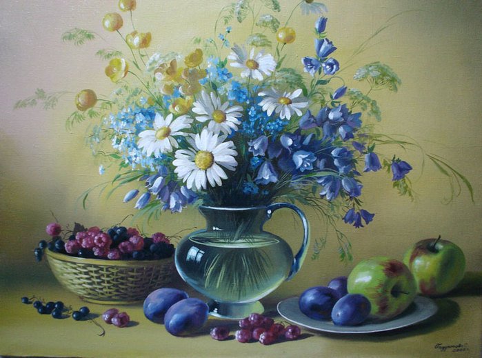 Цветочный натюрморт - цветы, фрукты - оригинал