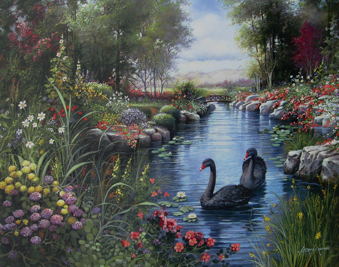Серия "Пейзажи" - река, лето, лебеди, птицы, пейзаж, цветы - оригинал