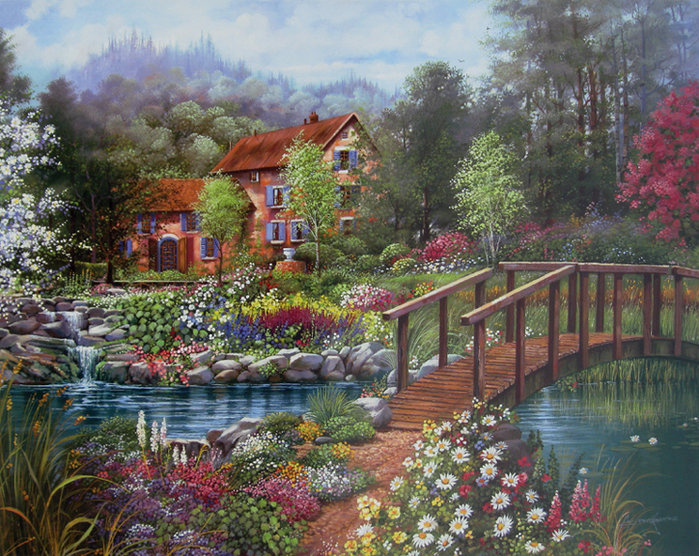 Серия "Пейзажи" - лето, домик, цветы, пейзаж, мостик, река - оригинал