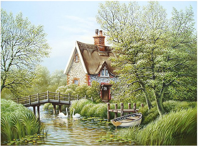дом у реки - лето, природа, вода, дом, деревья - оригинал
