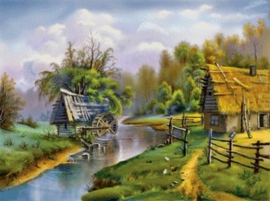 Речная мельница - село, сельский пейзаж, река - предпросмотр