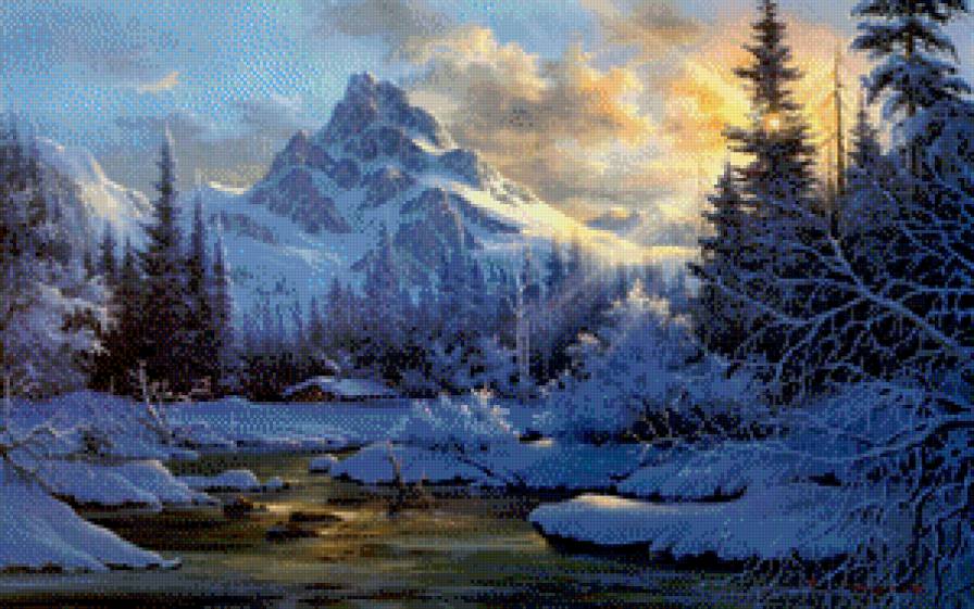 Горный пейзаж - гора, пейзаж. зима. река - предпросмотр