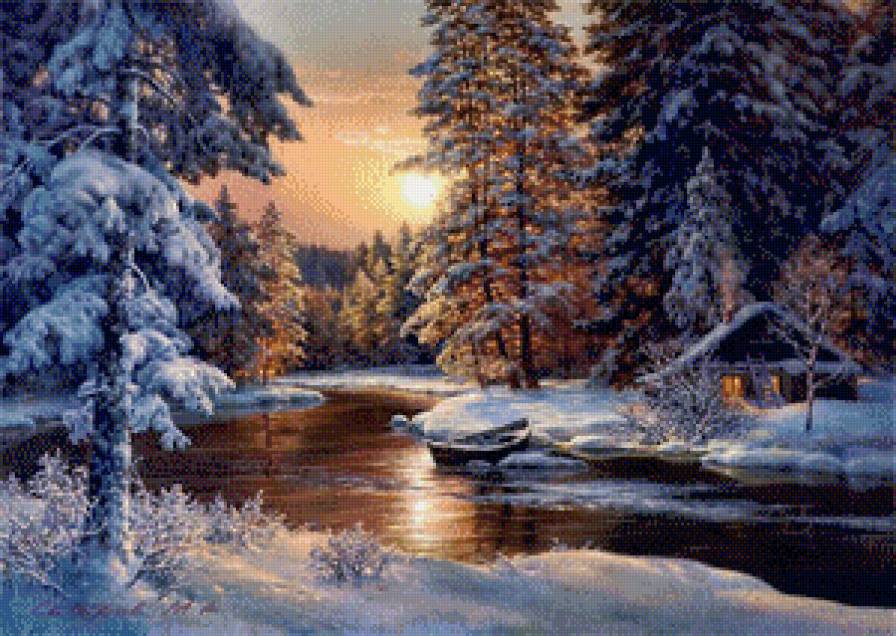 зима - природа, избушка, снег, зимний пейзаж, сосны, вода, речка, зима, домик - предпросмотр