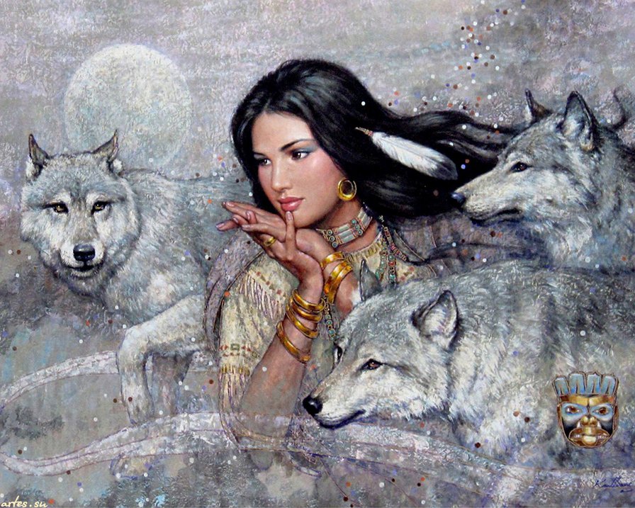 девушка с волками - фэнтези, волк, девушка - оригинал
