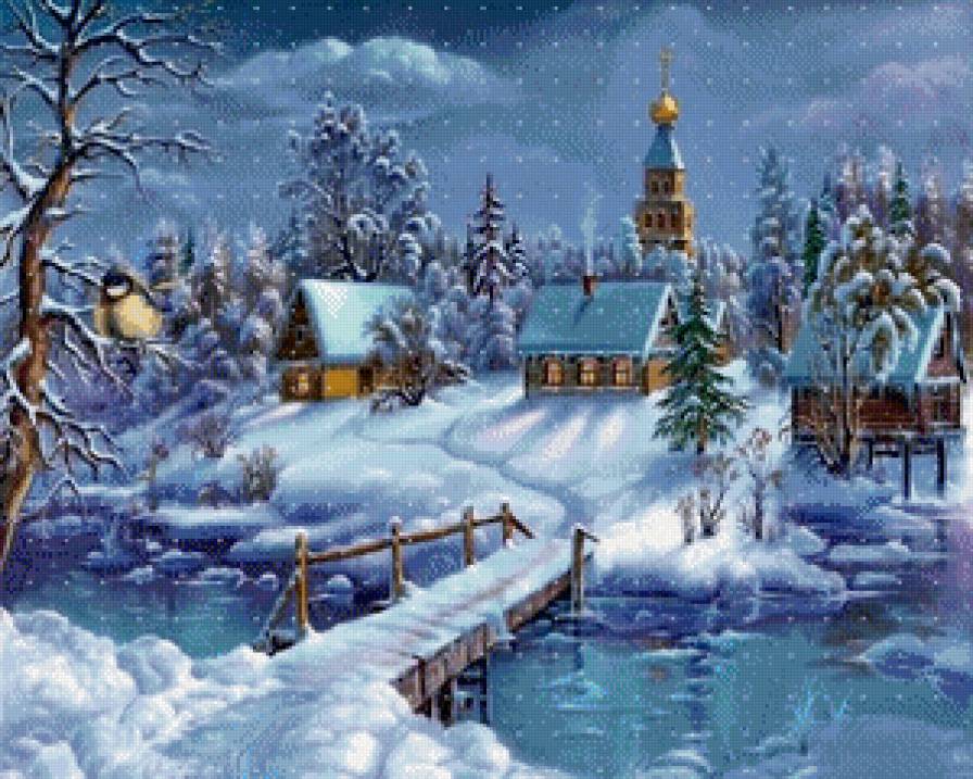 Рождество - зима, ночной пейзаж, зимний пейзаж, ночь, новый год - предпросмотр