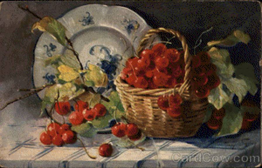 Basket or Red Berries on a Table with a Blue and White Pattern P - предпросмотр