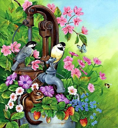 весна - птицы, цветы, бурундук - оригинал