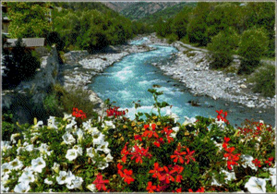 Горная речка - горная река, река, цветы, гора - предпросмотр