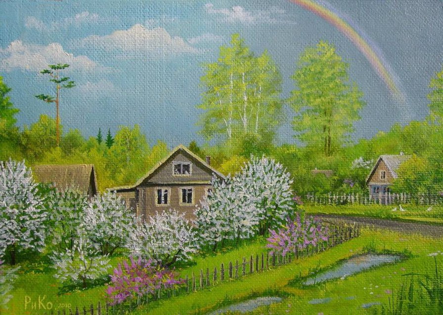 После дождя - радуга, пейзаж, деревня, село, весна - оригинал
