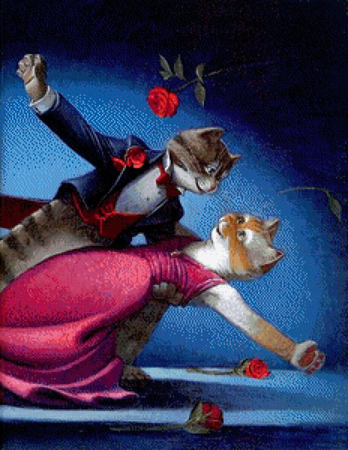 кошачья романтика - кошка, кот, пара, сказка, цветы, роза, любовь, танец - предпросмотр