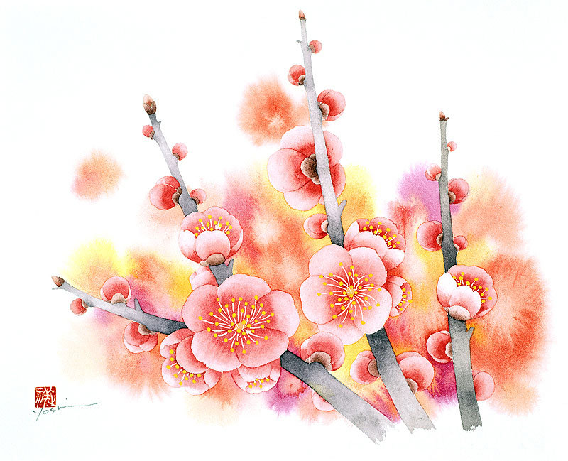 Японская цветочная акварель - восток, азия, цветы - оригинал